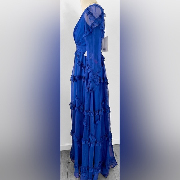 Mac Duggal A68223 | Ruffle A-line Gown with Sheer Long Sleeves | Blue | Size 10 - Picture 4 of 7